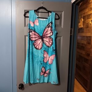 Women Turquoise Dress with Pink Butterfly Print